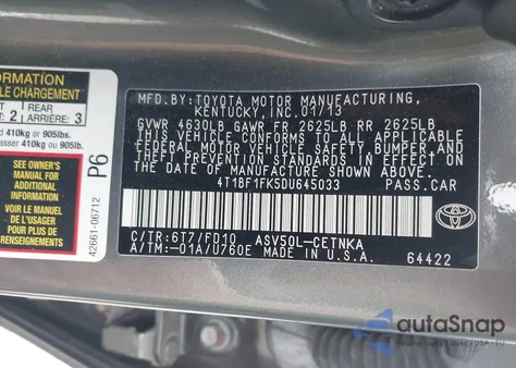 2013 Toyota Camry Le from USA, damaged, VIN 4T1BF1FK5DU645033